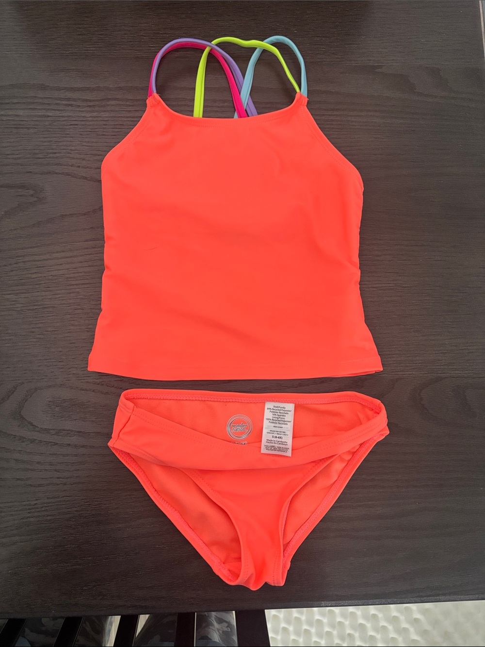 wonder nation Neon Orange Girls Tankini with Multicolor Straps